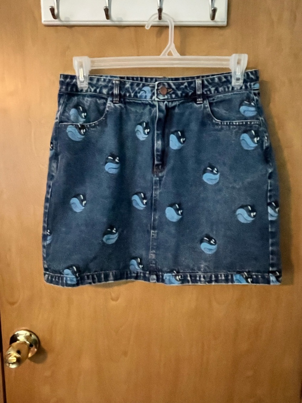 Sea World Orca Whale Denim Mini Skirt With Pockets Button With Zipper SZ XL EUC